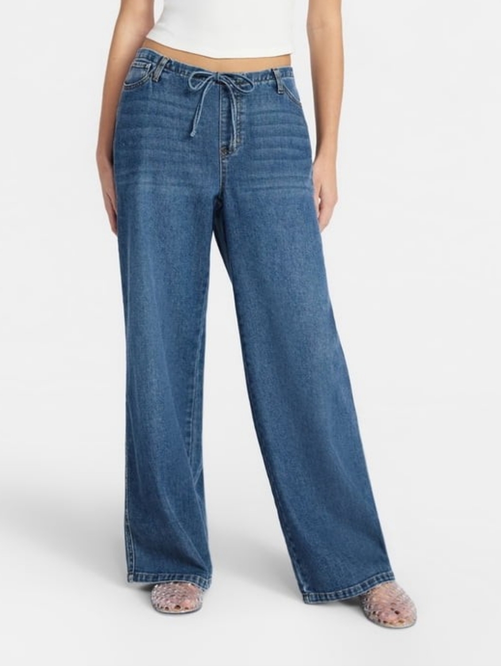 No Boundaries Pull-On Wide Leg Drawstring Denim Pants Blue Small
